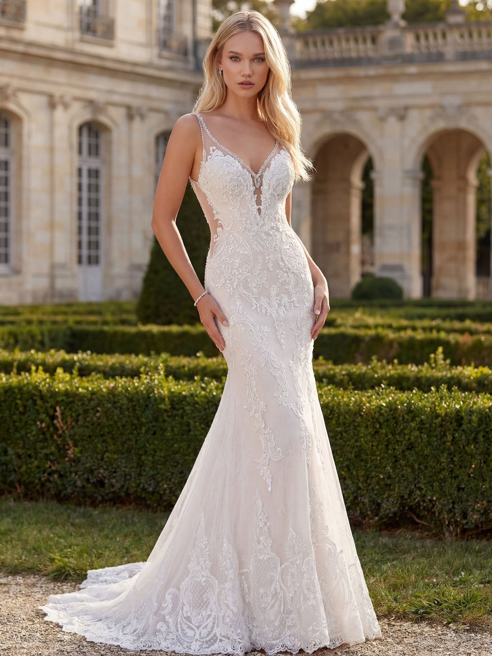 Mori Lee Ivory Lace Mermaid Wedding Dress with Sheer Illusion Sides